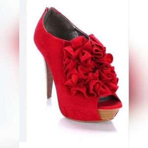 Bold Red Cupid Stiletto Heels with Ruffled Embellishment